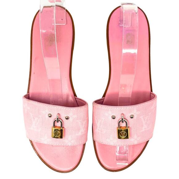 Louis Vuitton LV Logo Monogram Canvas Pink Tan Gold Lock It Flats Sandals EU37.5 - Picture 3 of 11